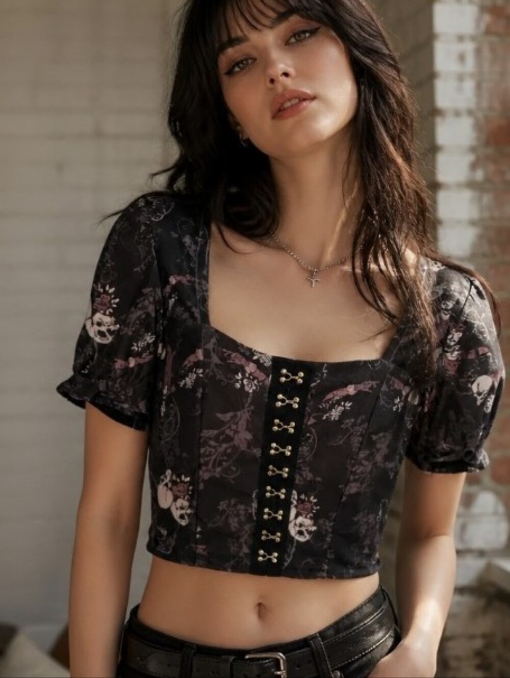 Her Universe Black Floral Lace-Up Corset Crop Top with Puff Sleeves